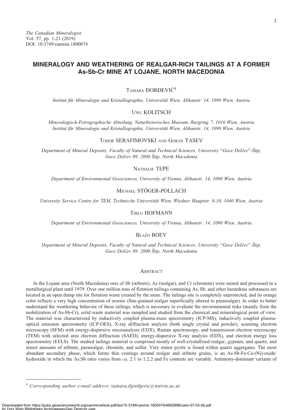 MINERALOGY and WEATHERING of REALGAR-RICH TAILINGS at a FORMER As-Sb-Cr MINE at LOJANE, NORTH MACEDONIA