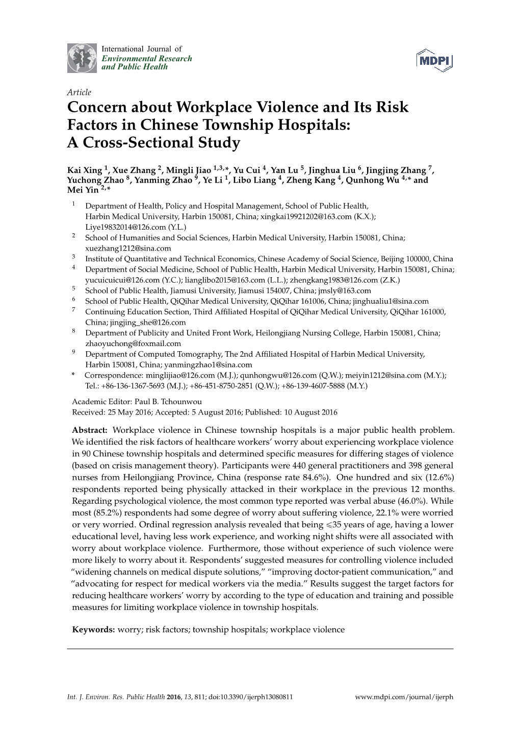 Concern About Workplace Violence and Its Risk Factors in Chinese Township Hospitals: a Cross-Sectional Study