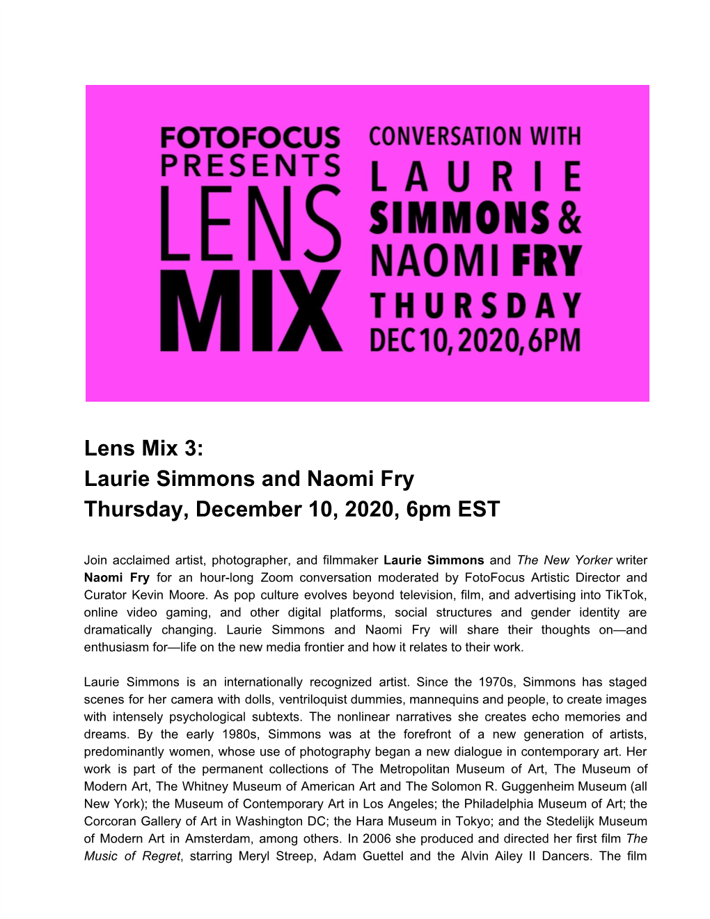 Laurie Simmons and Naomi Fry Thursday, December 10, 2020, 6Pm EST