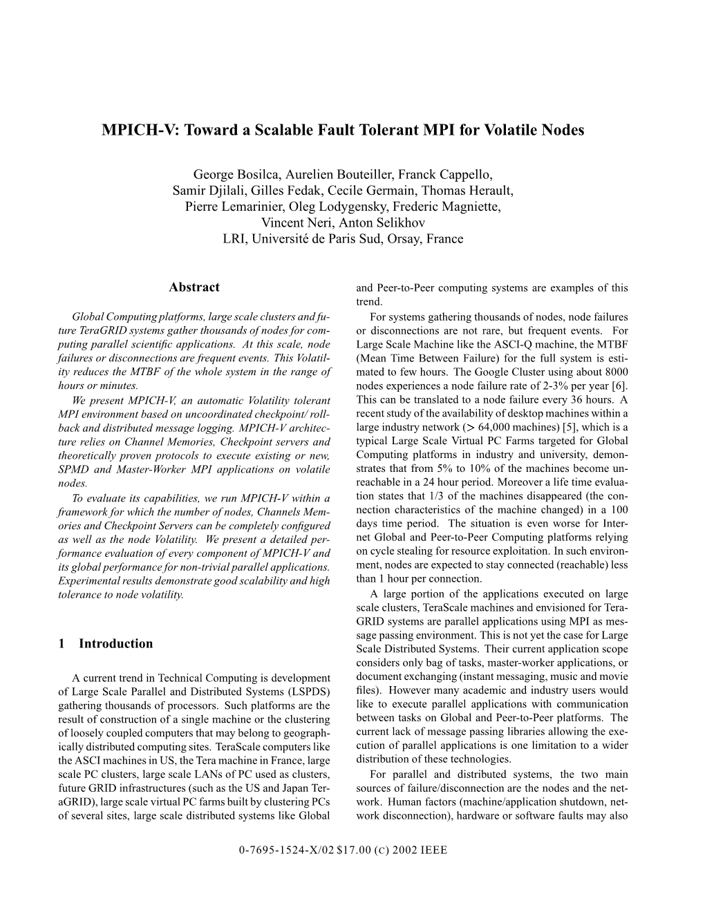 MPICH-V: Toward a Scalable Fault Tolerant MPI for Volatile Nodes