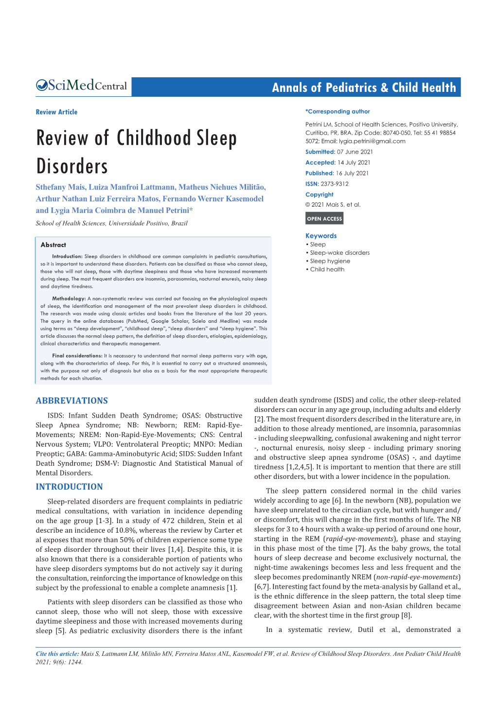 Review of Childhood Sleep Disorders