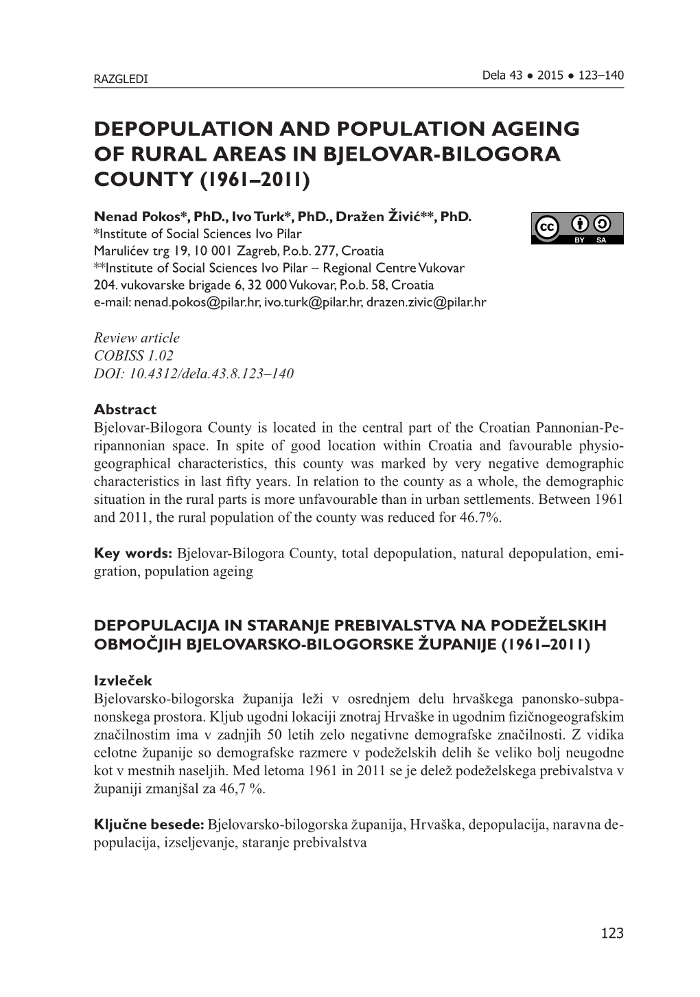 Depopulation and Population Ageing of Rural Areas in Bjelovar-Bilogora County (1961–2011)