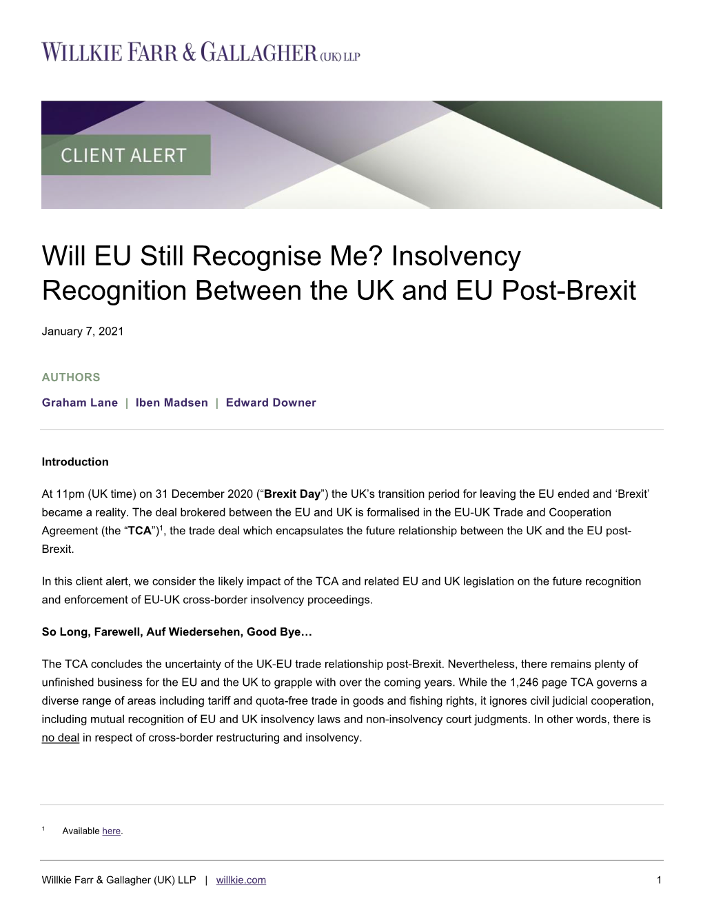 Insolvency Recognition Between the UK and EU Post-Brexit