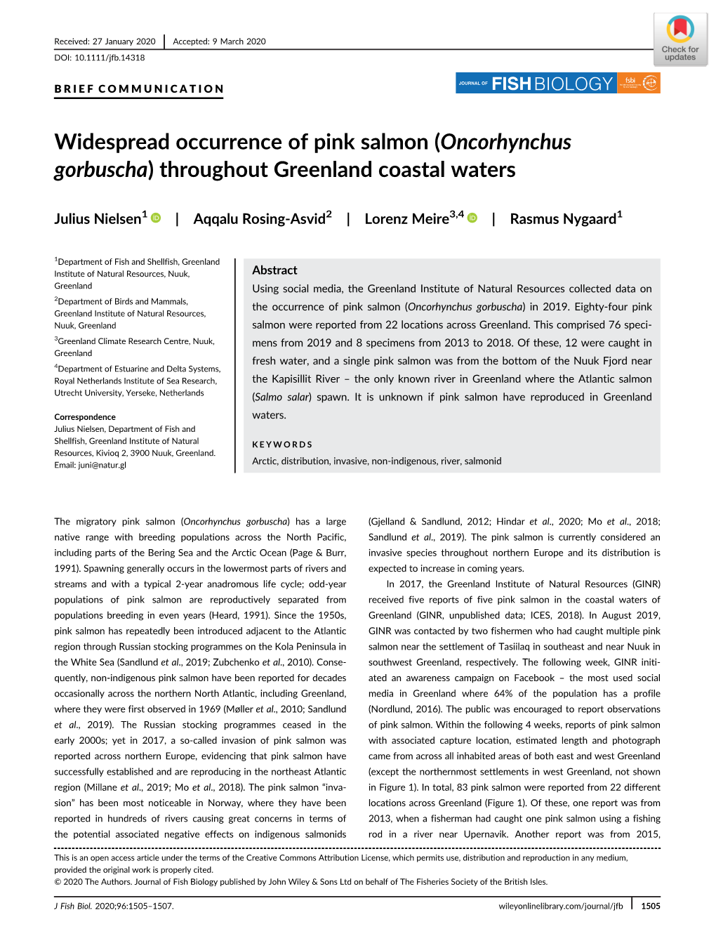 Widespread Occurrence of Pink Salmon (Oncorhynchus Gorbuscha) Throughout Greenland Coastal Waters