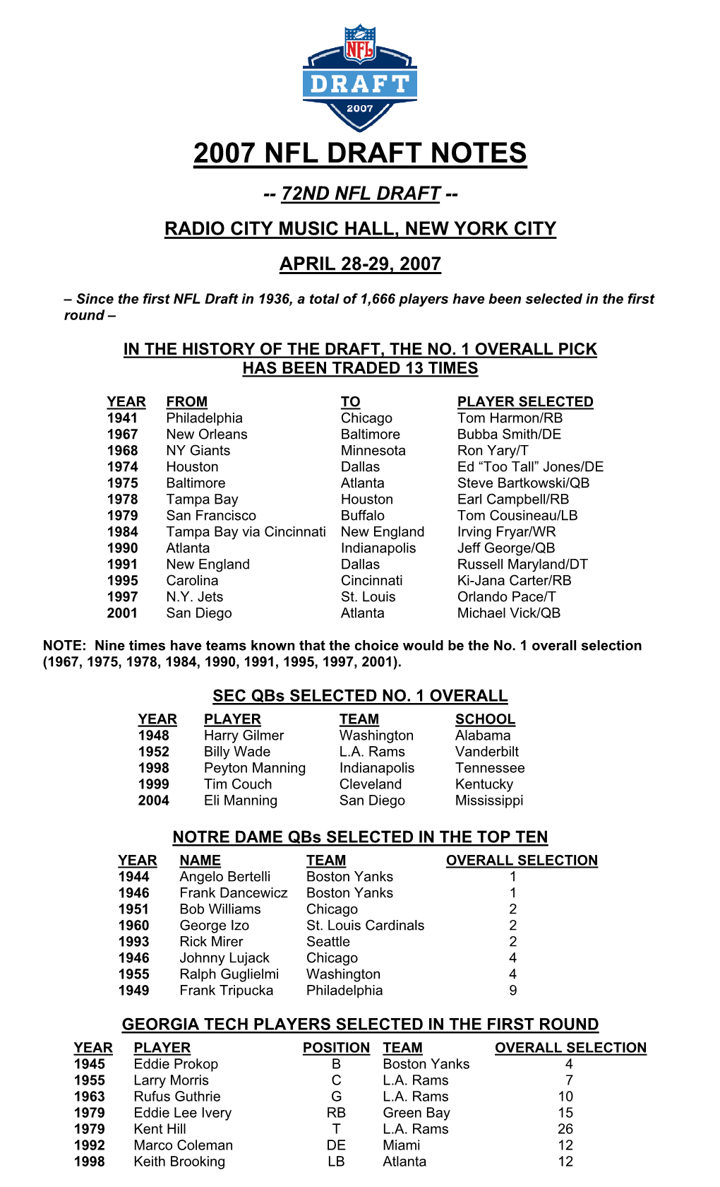 2007 Nfl Draft Notes