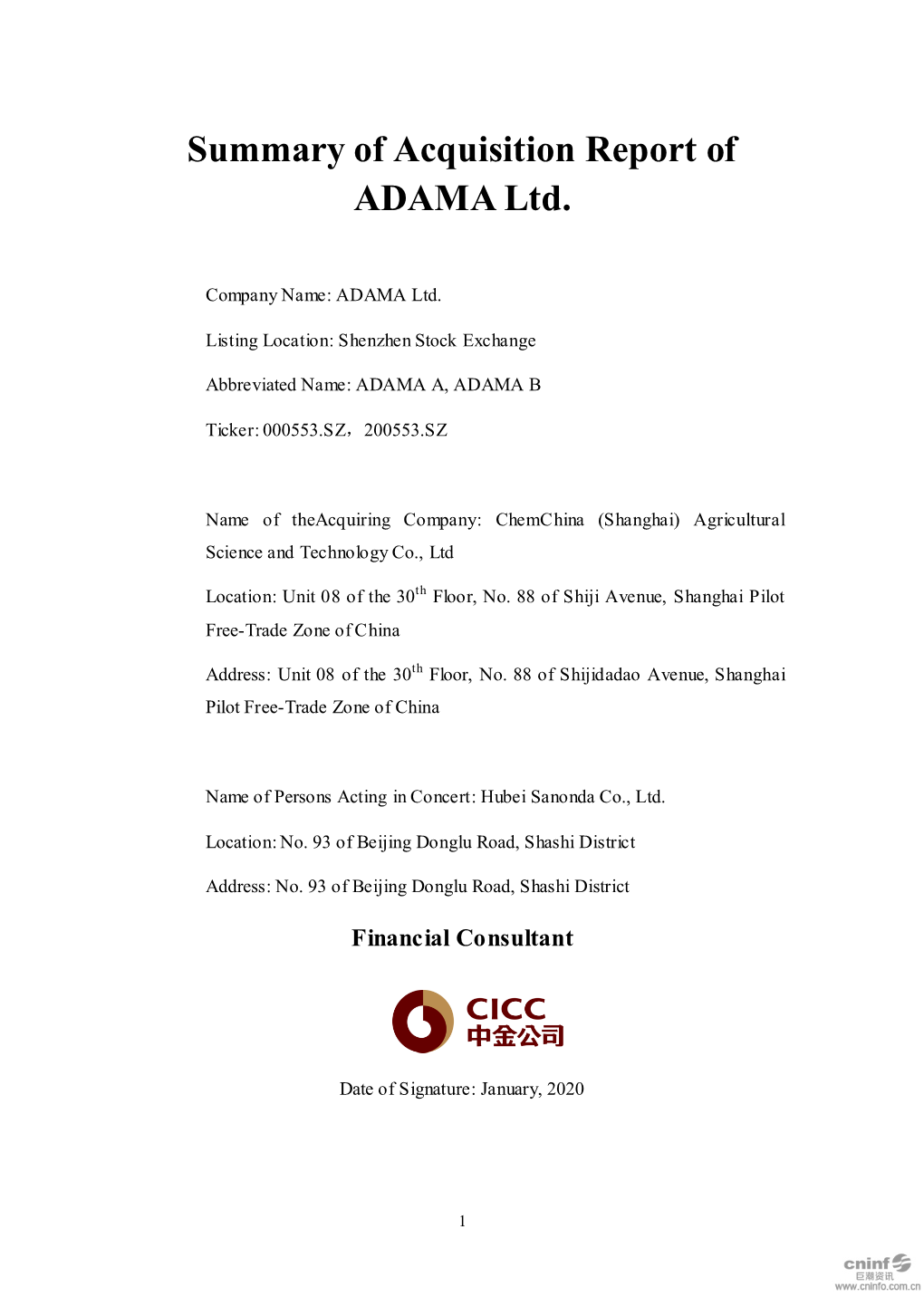 Summary of Acquisition Report of ADAMA Ltd