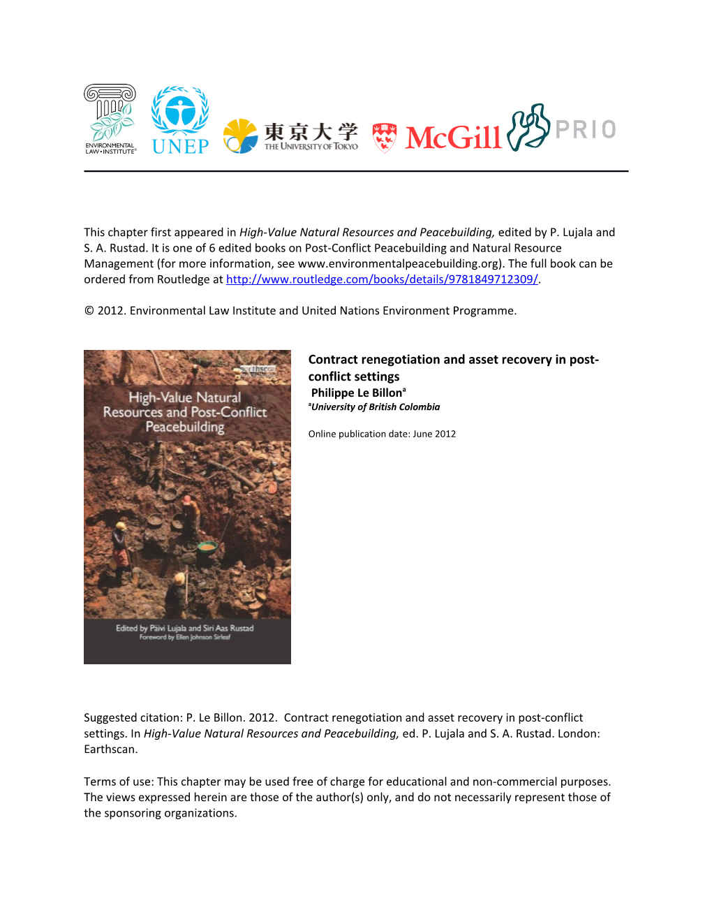 Contract Renegotiation and Asset Recovery in Post- Conflict Settings Philippe Le Billona Auniversity of British Colombia