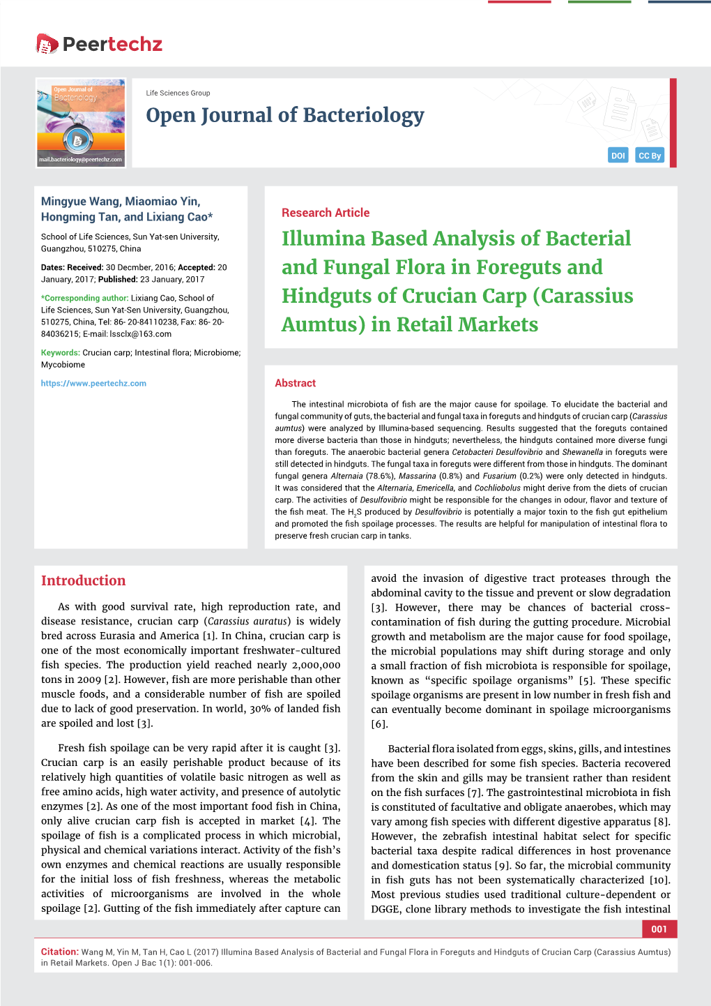 Illumina Based Analysis of Bacterial and Fungal Flora in Foreguts and Hindguts of Crucian Carp (Carassius Aumtus) in Retail Markets