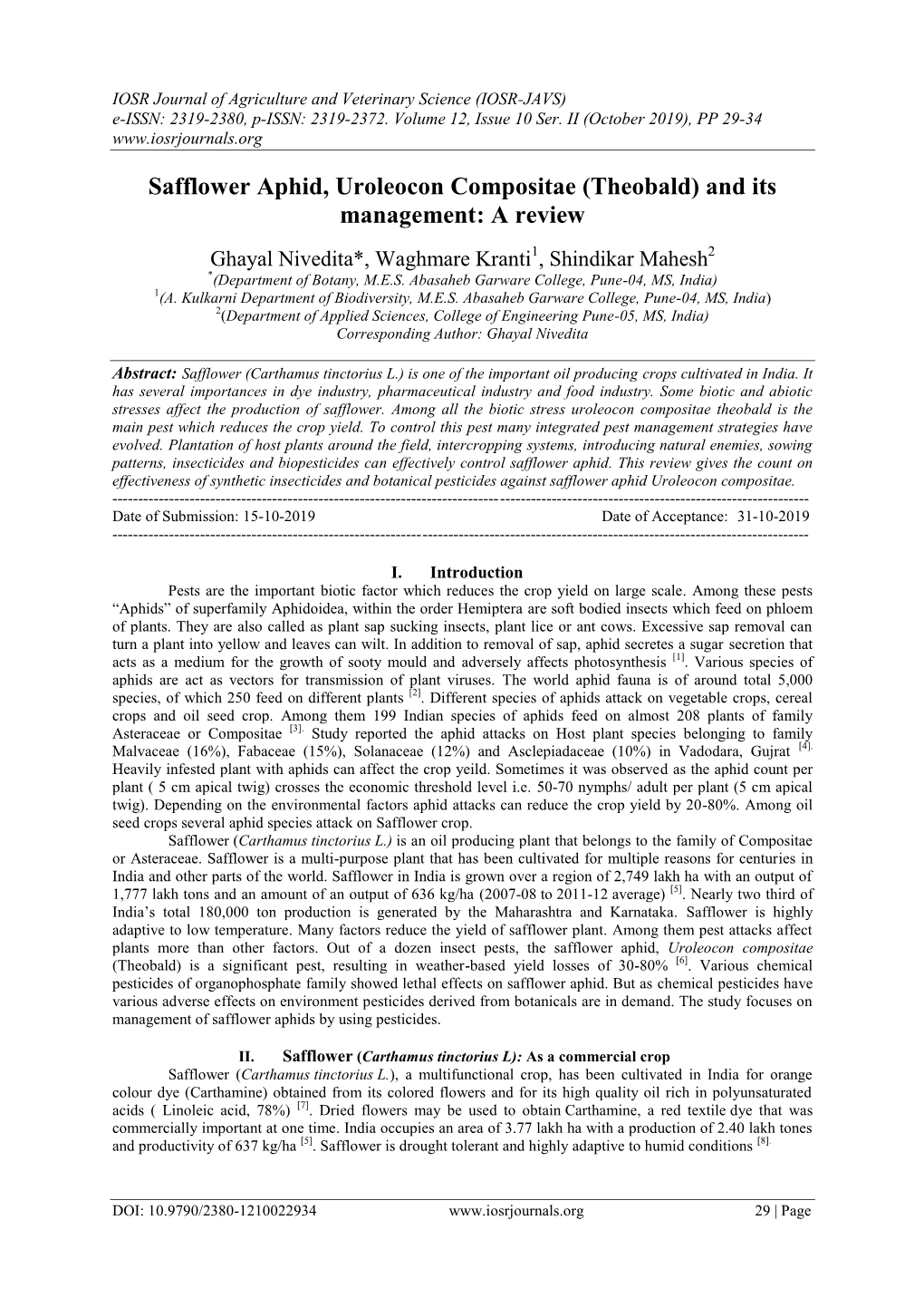 Safflower Aphid, Uroleocon Compositae (Theobald) and Its Management: a Review