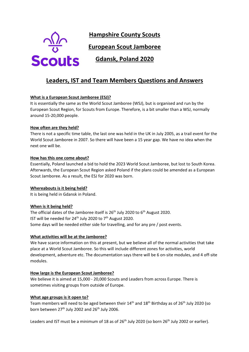 Hampshire County Scouts European Scout Jamboree Gdansk, Poland 2020