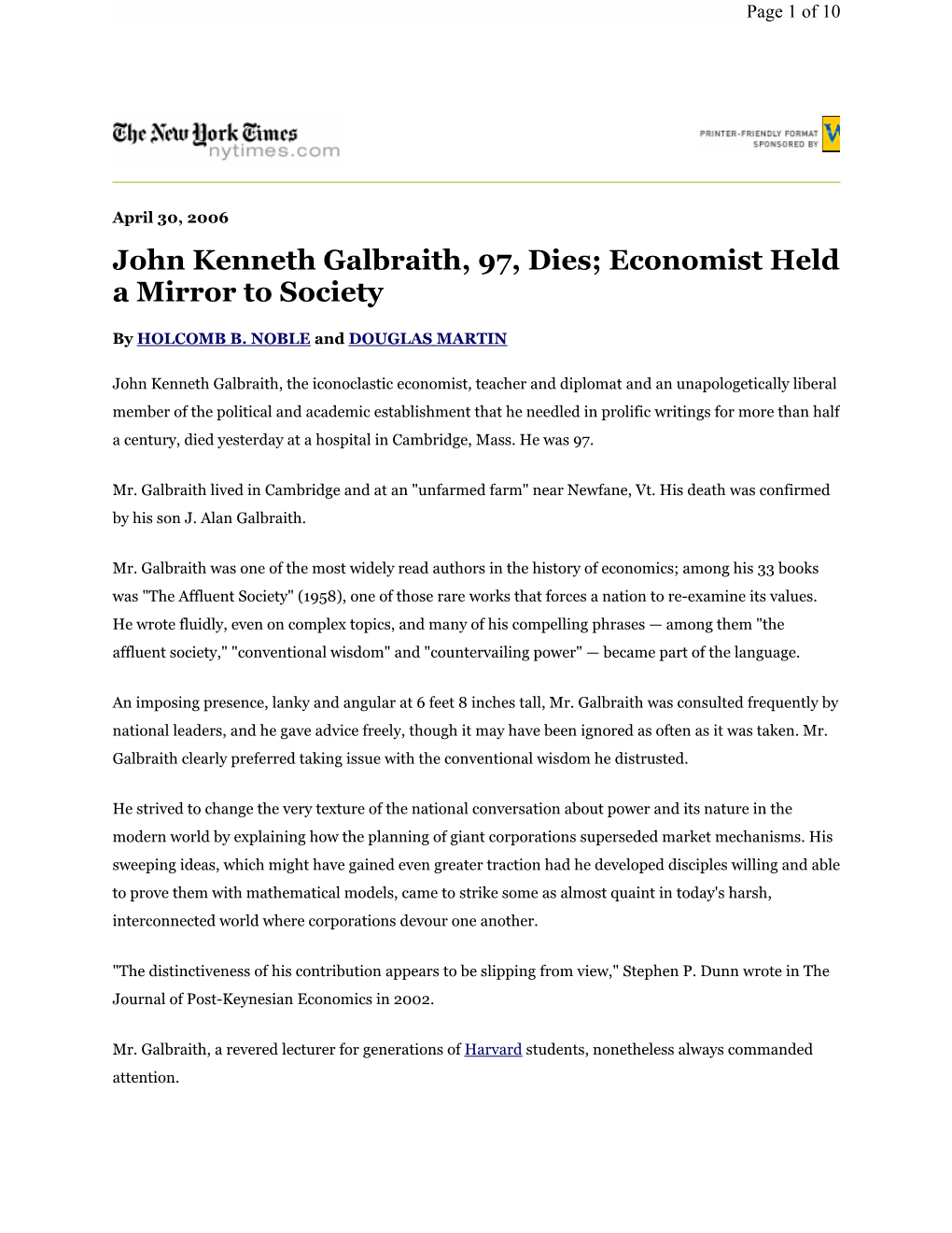 John Kenneth Galbraith, 97, Dies; Economist Held a Mirror to Society