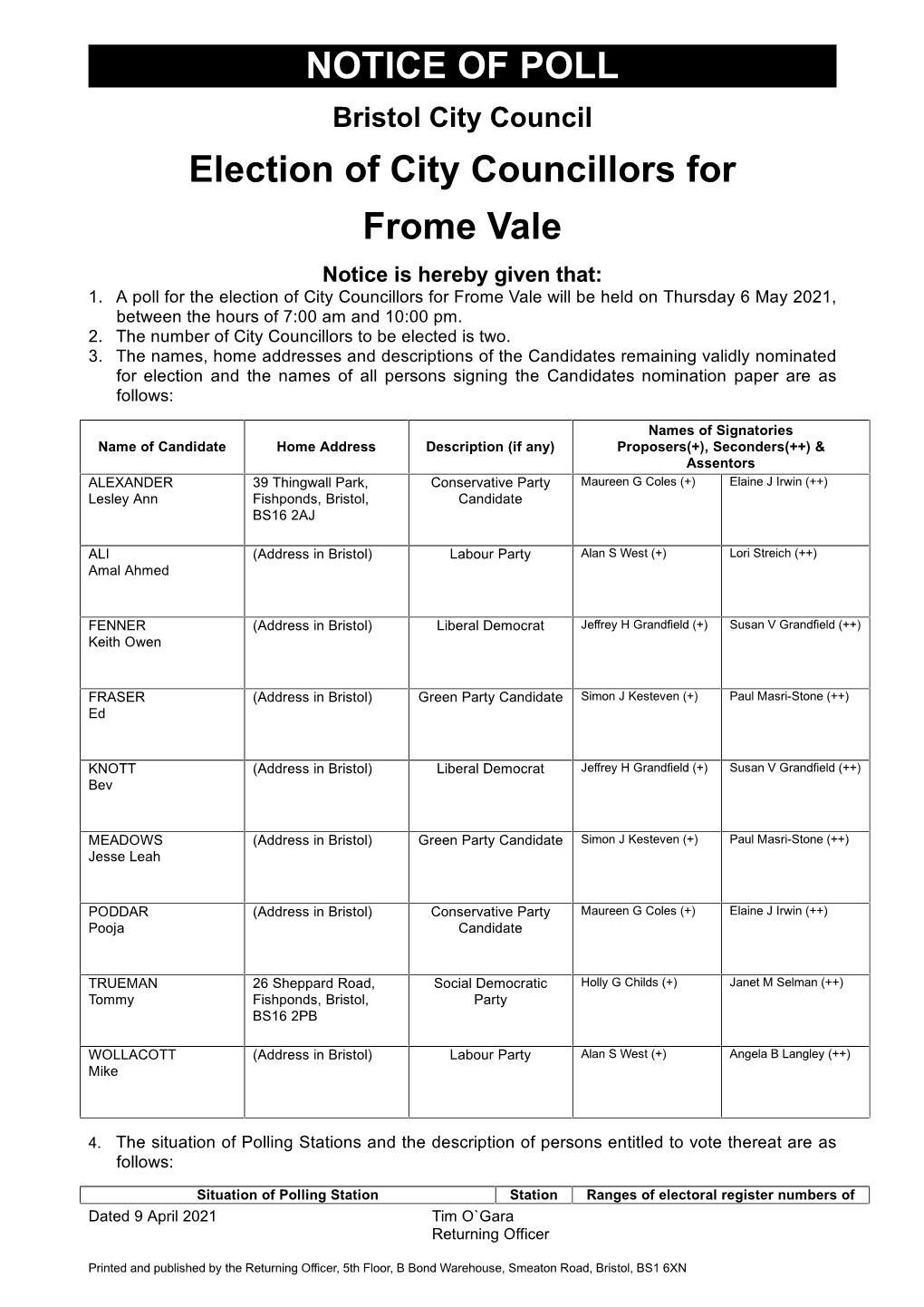 NOTICE of POLL Election of City Councillors for Frome Vale