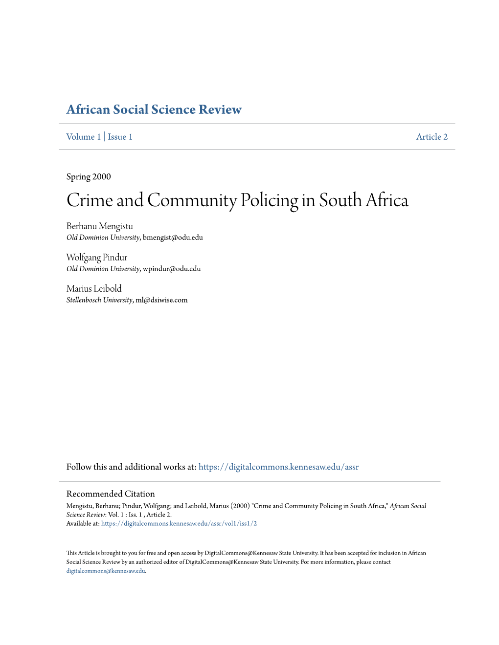 Crime and Community Policing in South Africa Berhanu Mengistu Old Dominion University, Bmengist@Odu.Edu