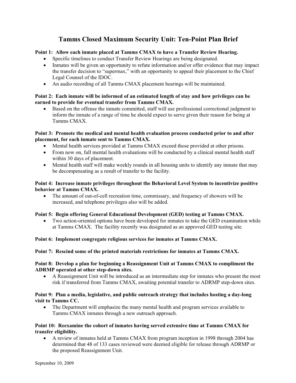 Executive Summary Tamms Ten Point Plan