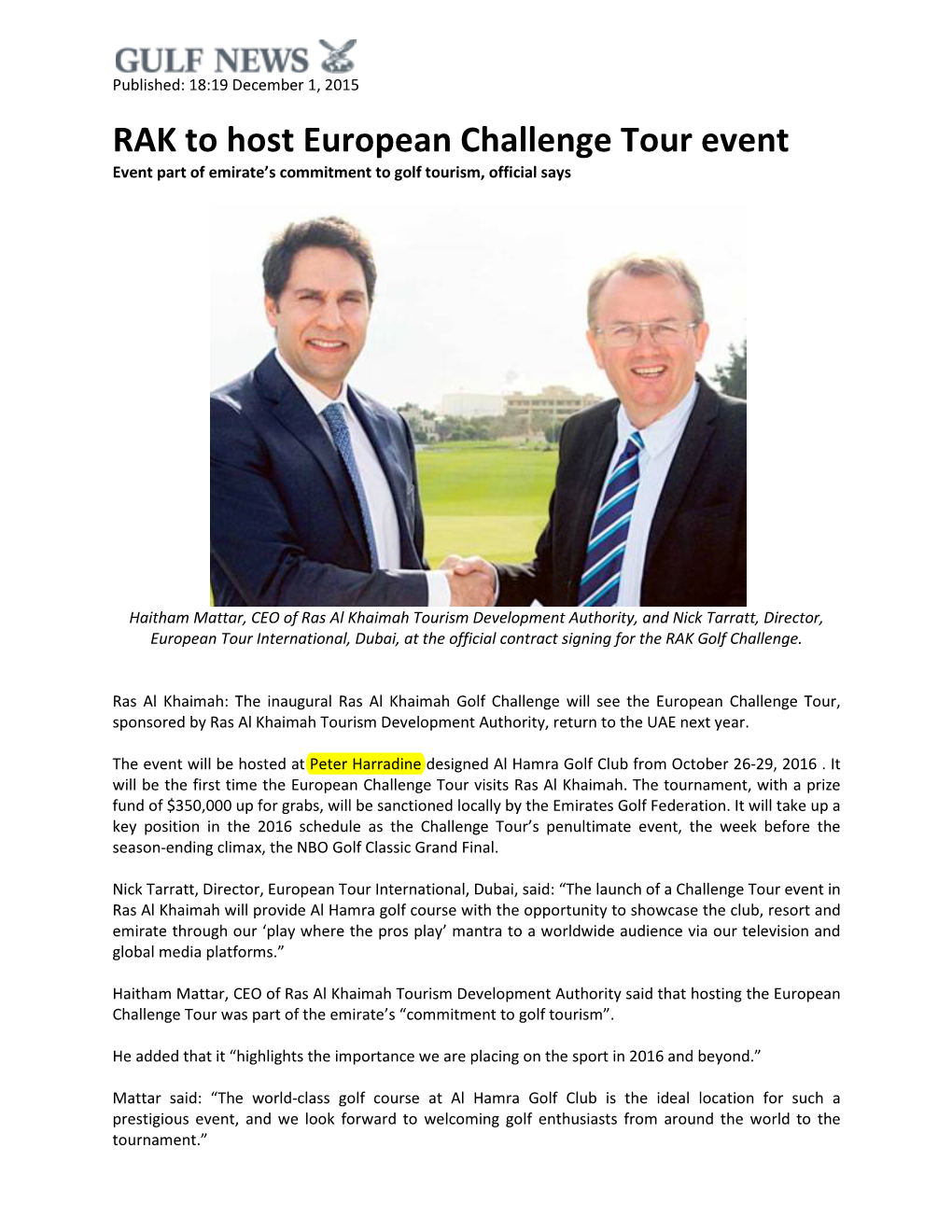 RAK to Host European Challenge Tour Event Event Part of Emirate’S Commitment to Golf Tourism, Official Says