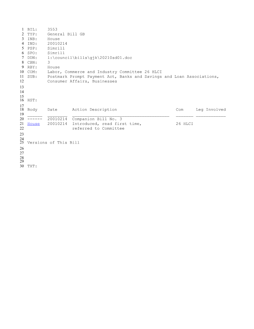 2001-2002 Bill 3553: Postmark Prompt Payment Act, Banks and Savings and Loan Associations