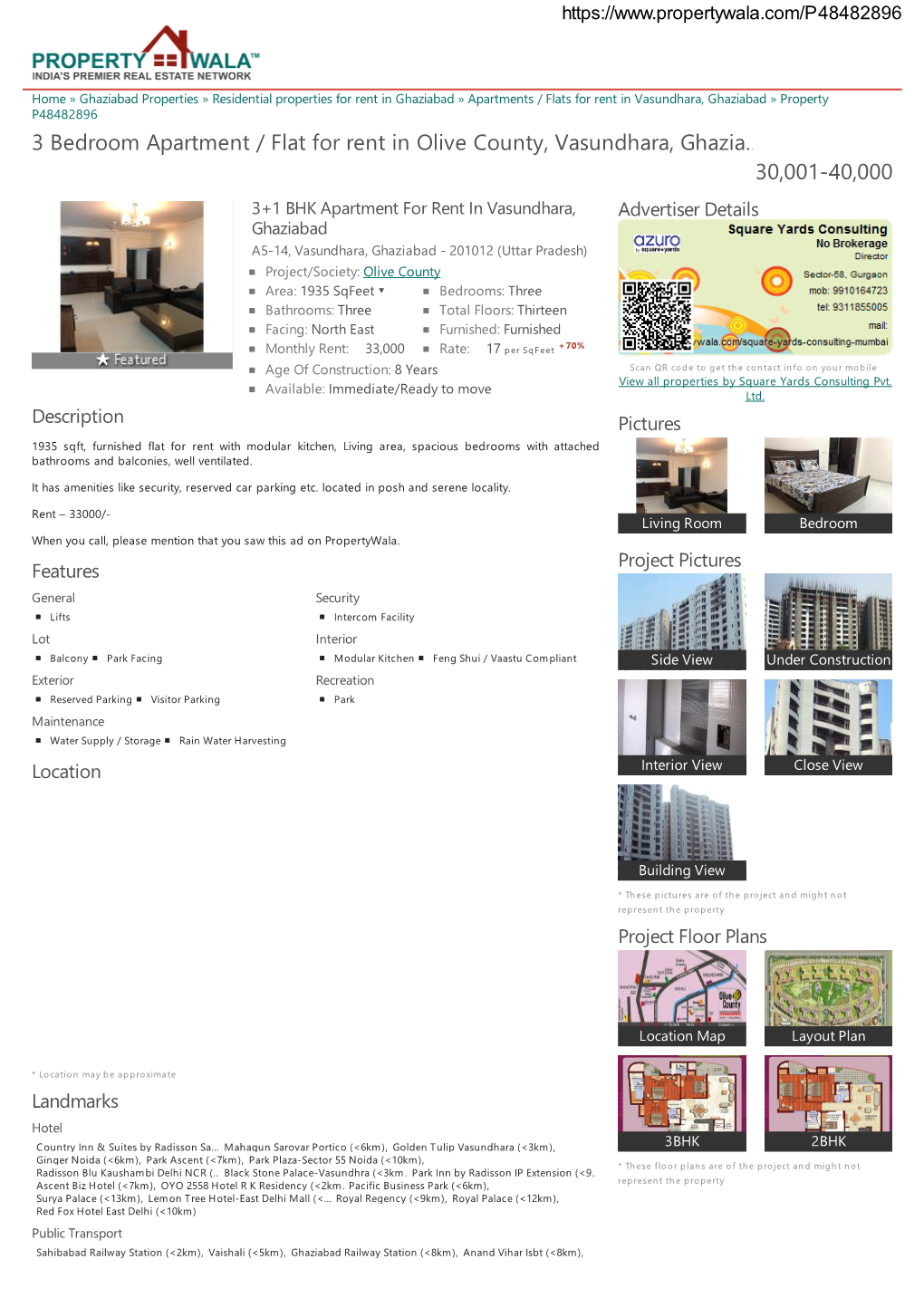 3 Bedroom Apartment / Flat for Rent in Olive County, Vasundhara