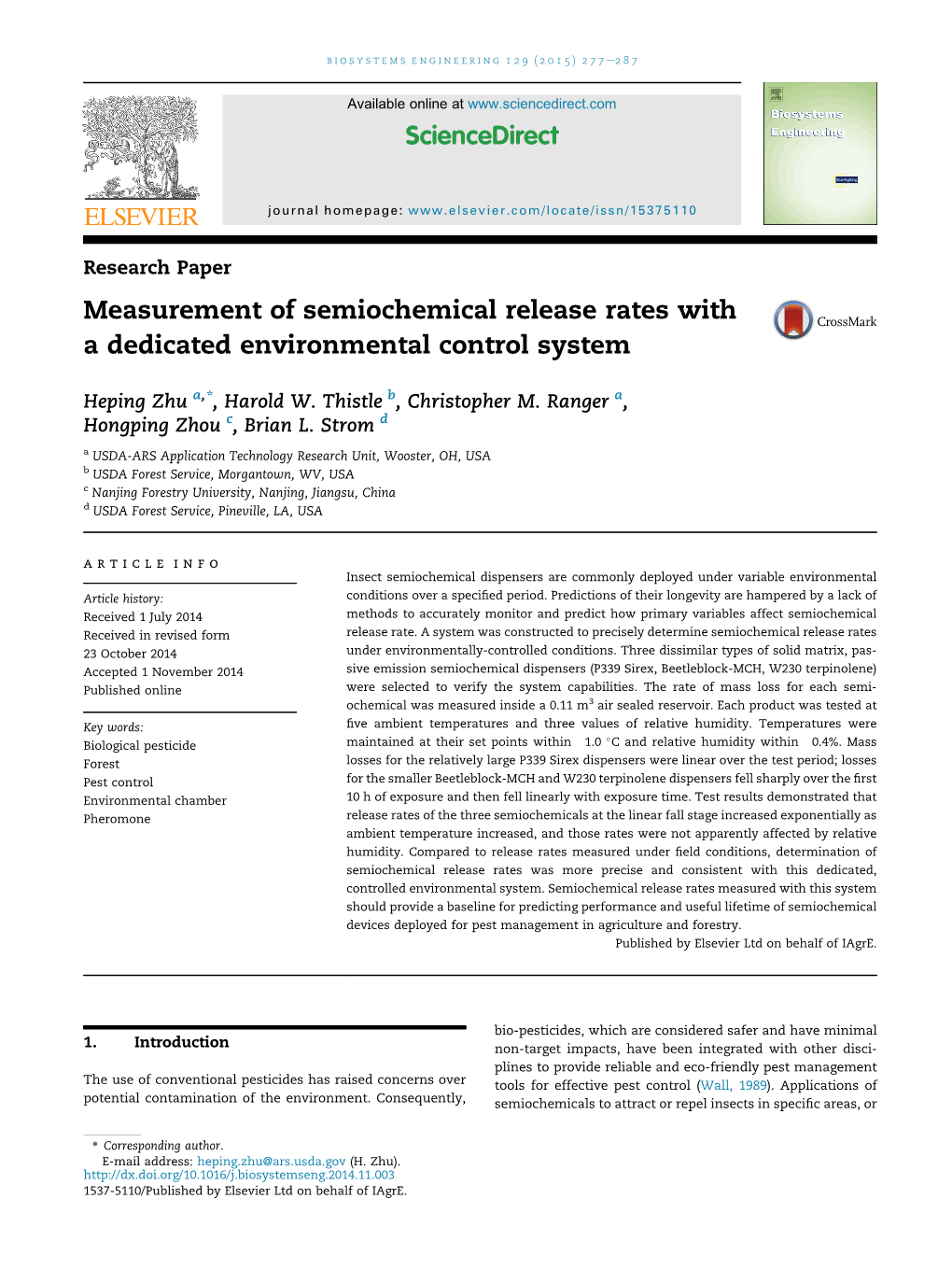 Measurement of Semiochemical Release Rates with a Dedicated Environmental Control System