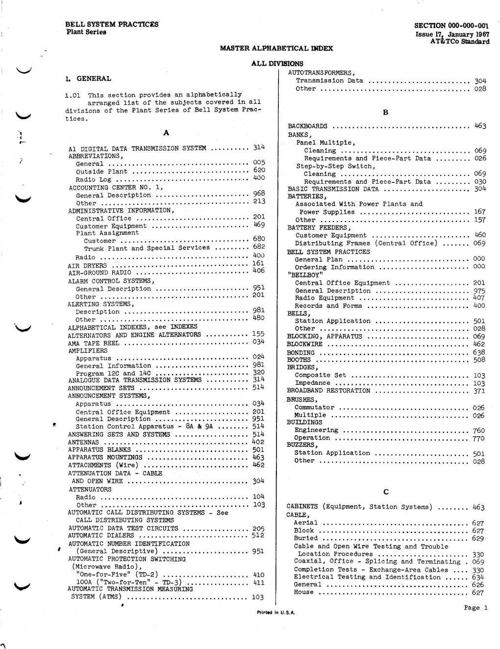 000-000-001 Plant Series Issue 171 January 1967 AT&Tco Standard MASTER ALPHABETICAL DIDEX