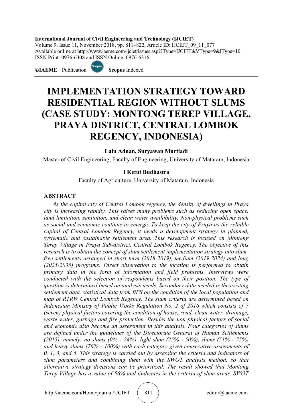 Implementation Strategy Toward Residential Region Without Slums (Case Study: Montong Terep Village, Praya District, Central Lombok Regency, Indonesia)