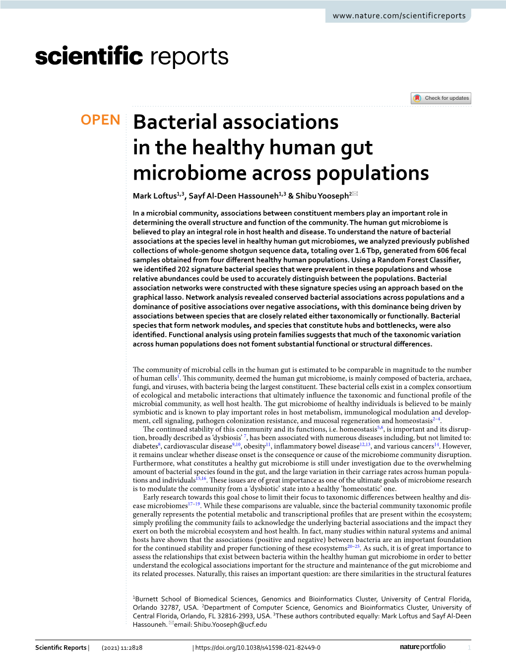 Bacterial Associations in the Healthy Human Gut Microbiome Across Populations Mark Loftus1,3, Sayf Al‑Deen Hassouneh1,3 & Shibu Yooseph2*