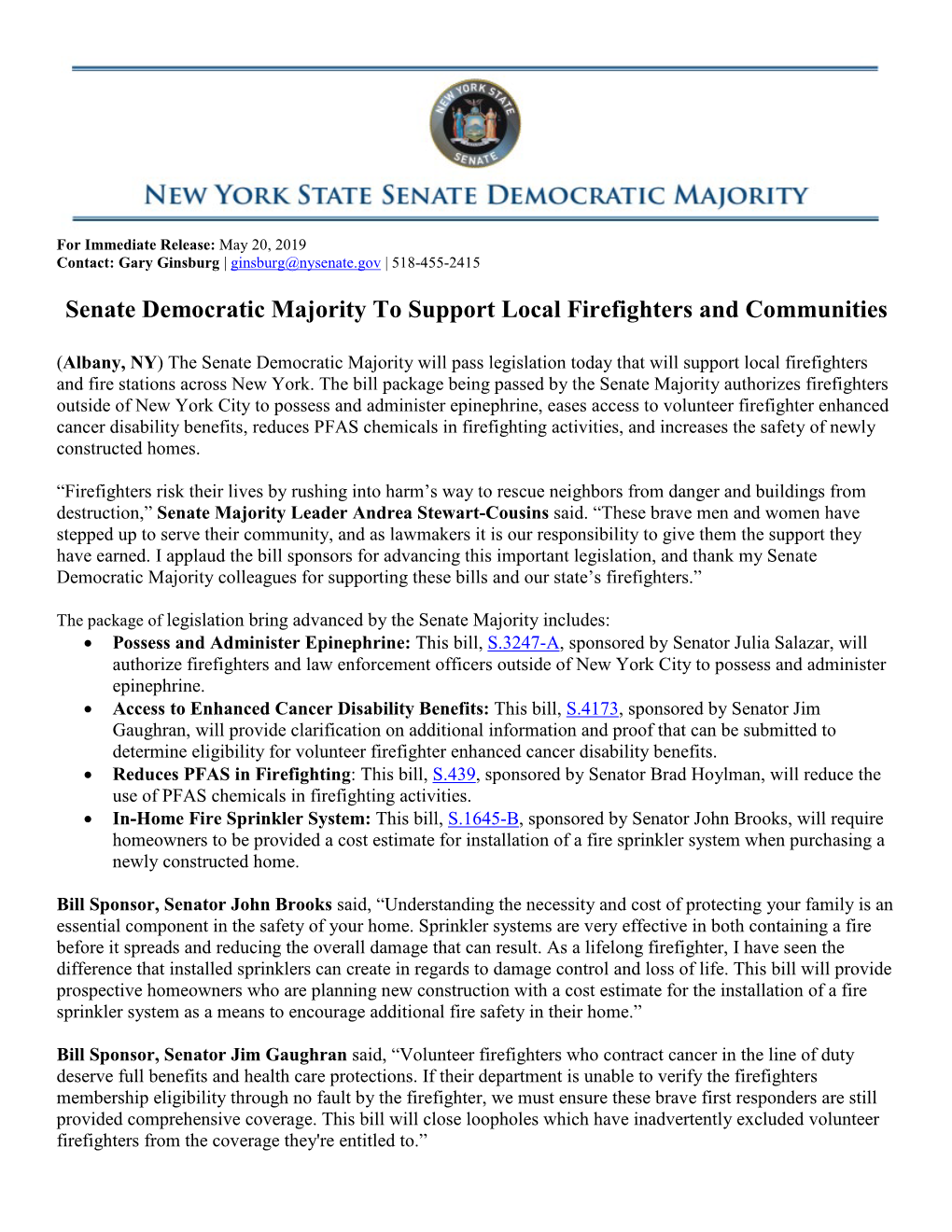 Senate Democratic Majority to Support Local Firefighters and Communities