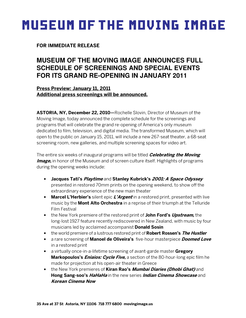 Museum of the Moving Image Announces Full Schedule of Screenings and Special Events for Its Grand Re-Opening in January 2011