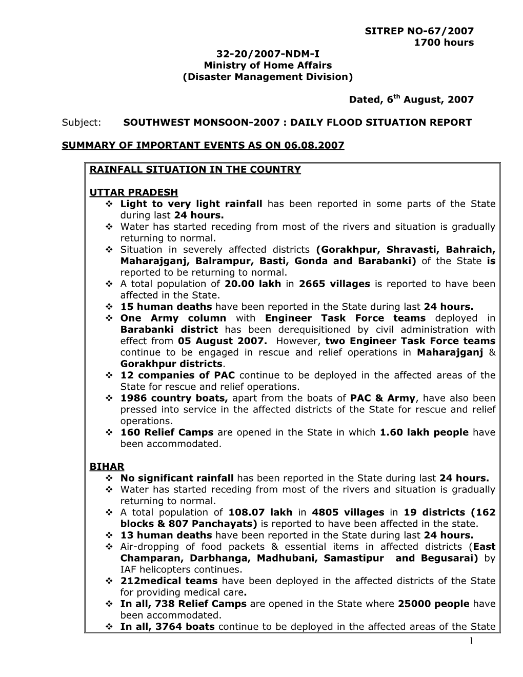(Disaster Management Division) Dated, 6Th August, 2007 Su