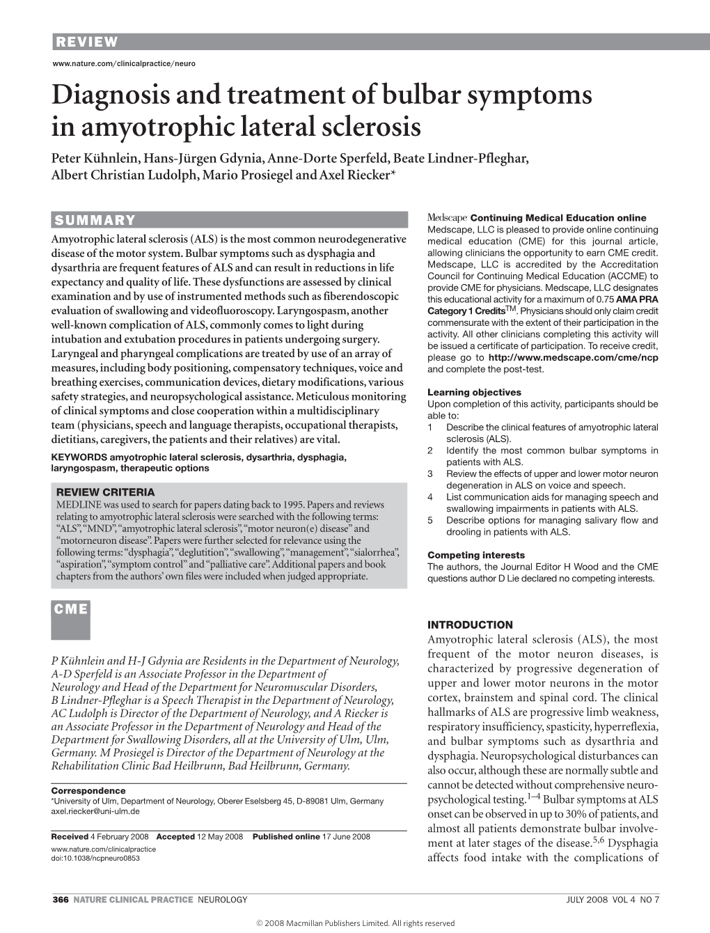 Diagnosis and Treatment of Bulbar Symptoms in Amyotrophic Lateral