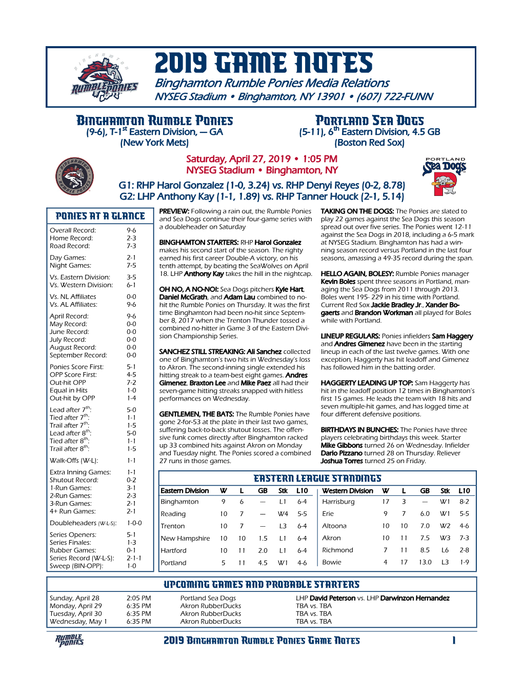 2019 GAME NOTES Binghamton Rumble Ponies Media Relations NYSEG Stadium • Binghamton, NY 13901 • (607) 722-FUNN