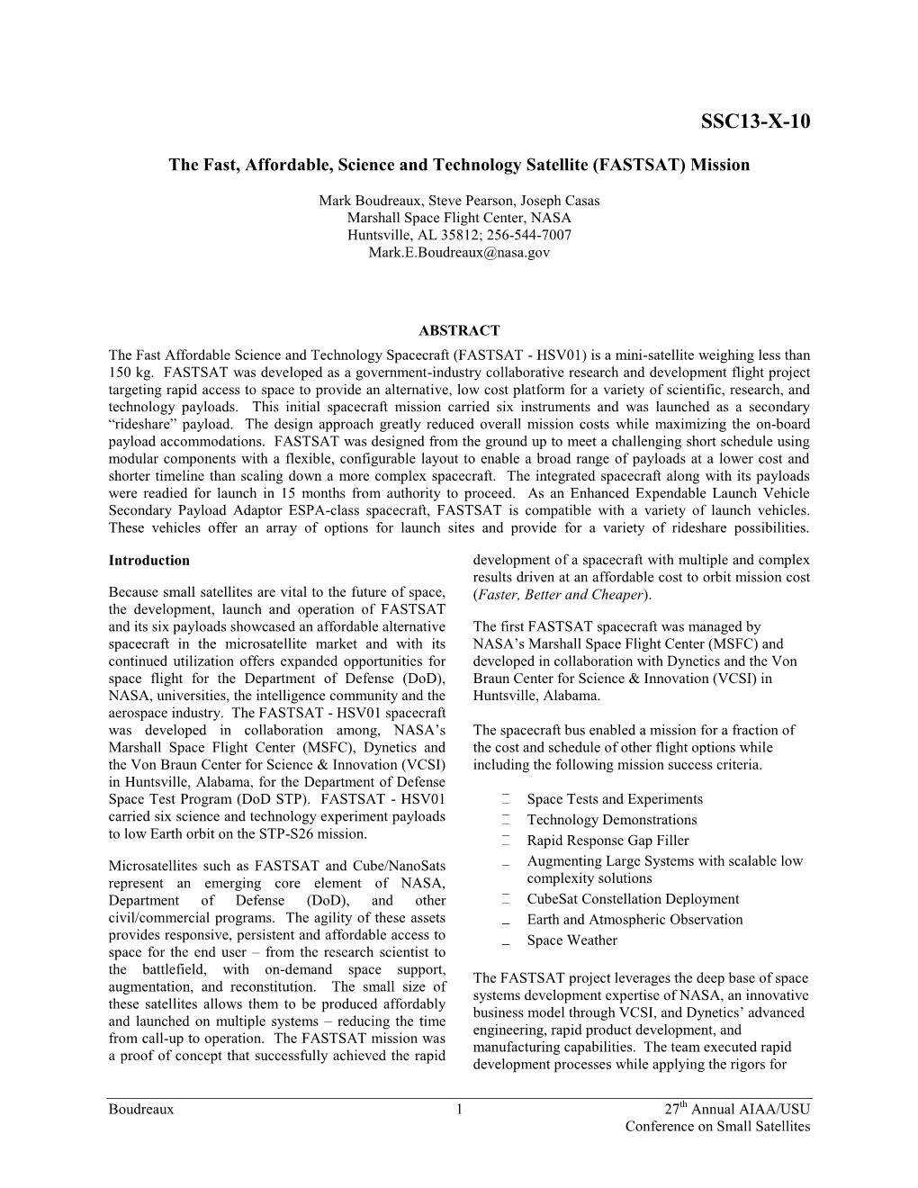 The Fast, Affordable, Science and Technology Satellite (FASTSAT) Mission