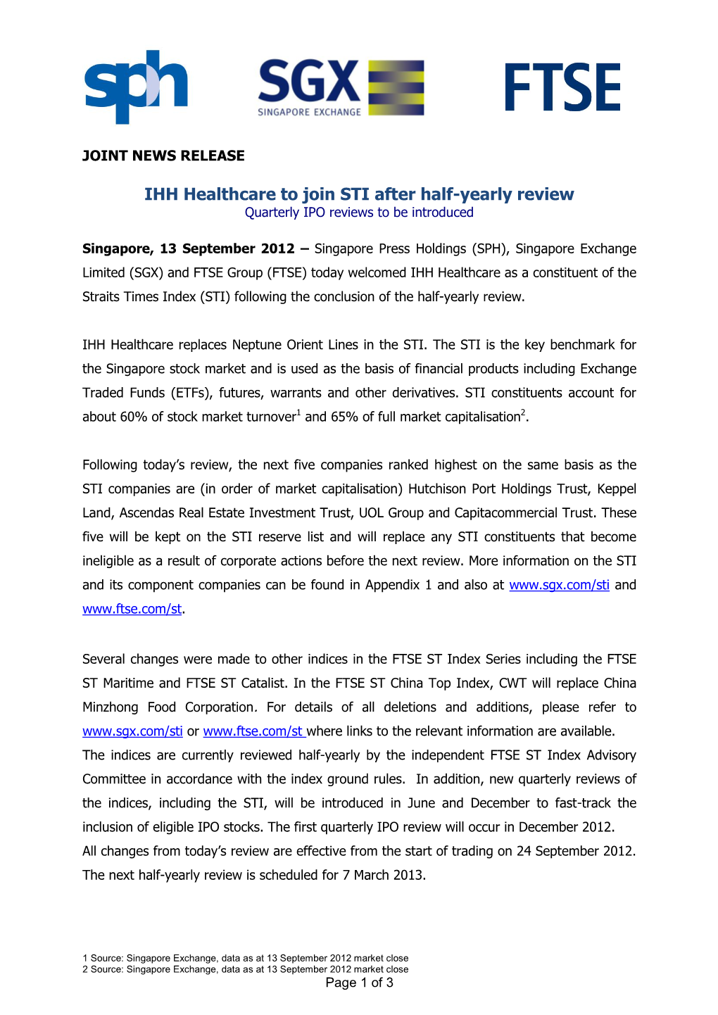IHH Healthcare to Join STI After Half-Yearly Review Quarterly IPO Reviews to Be Introduced