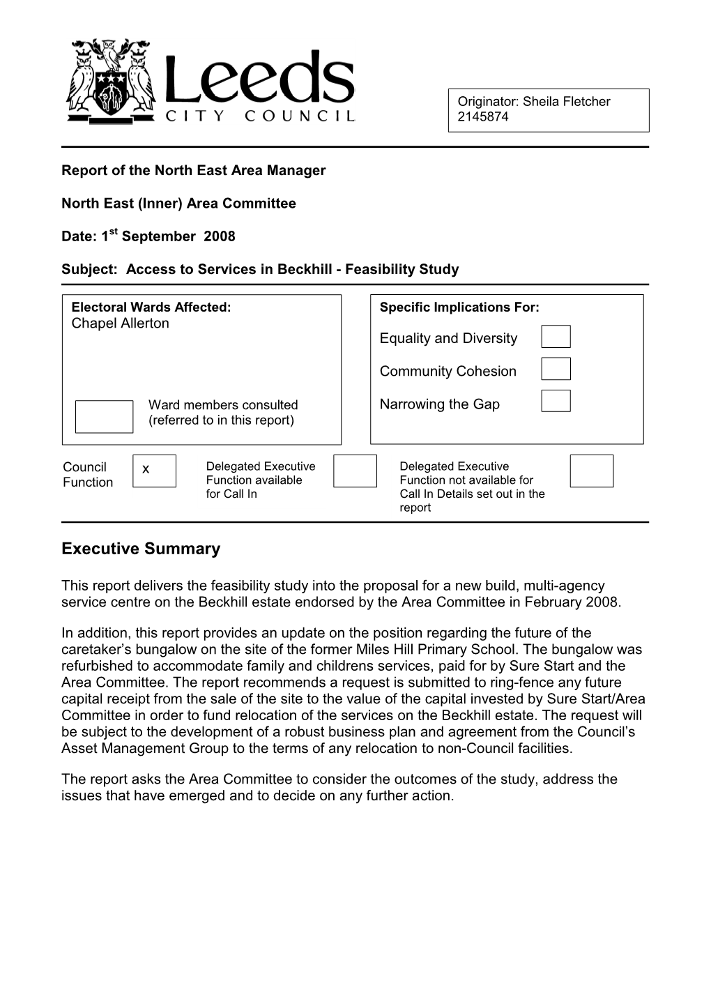 Access to Services in Beckhill - Feasibility Study