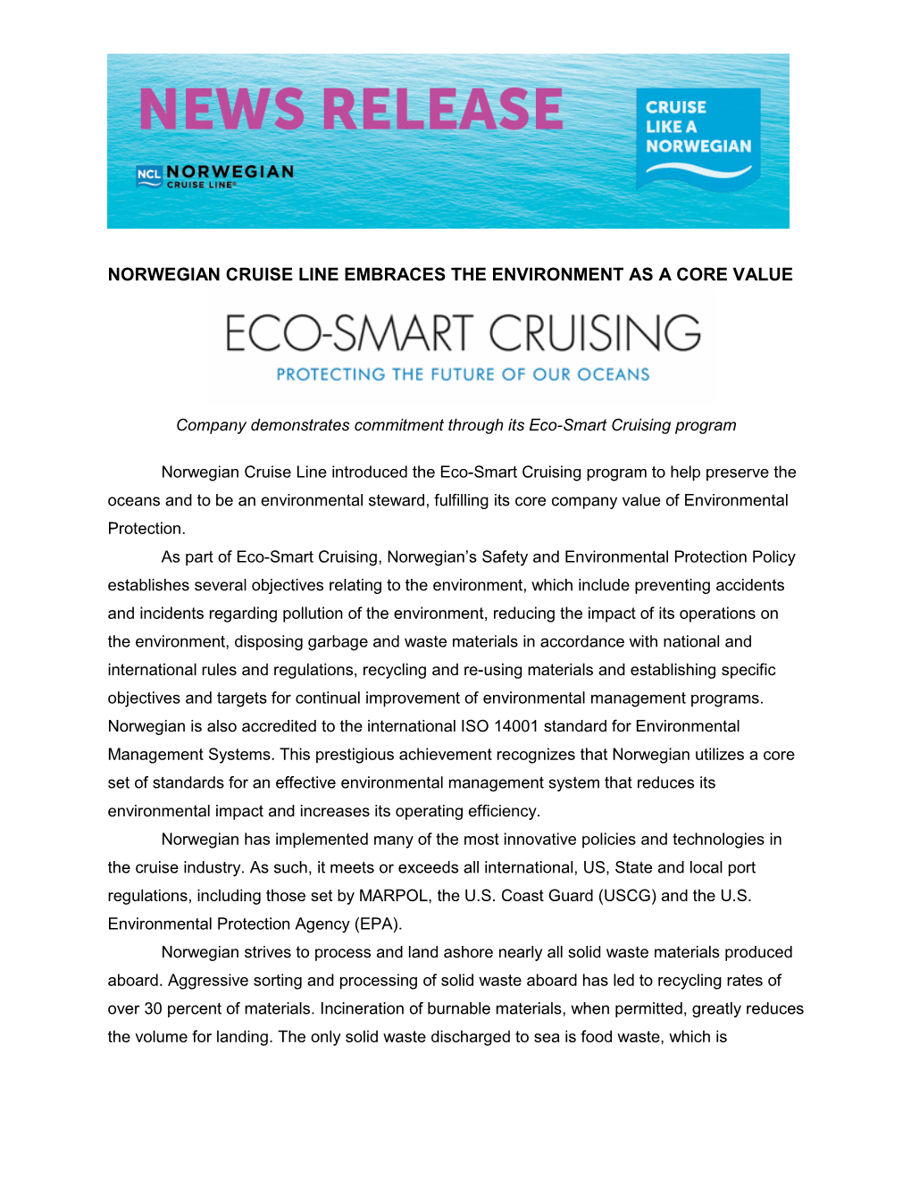 Norwegian Cruise Line Introduced the Eco-Smart Cruising Program