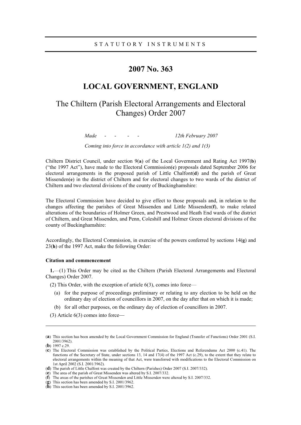 (Parish Electoral Arrangements and Electoral Changes) Order 2007