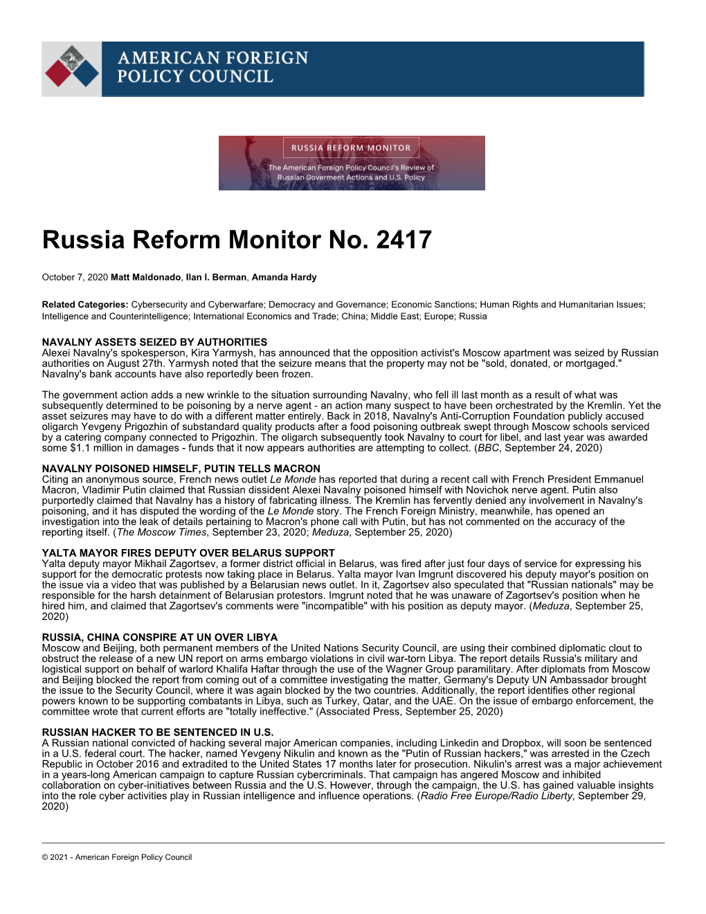 Russia Reform Monitor No. 2417 | American Foreign Policy Council