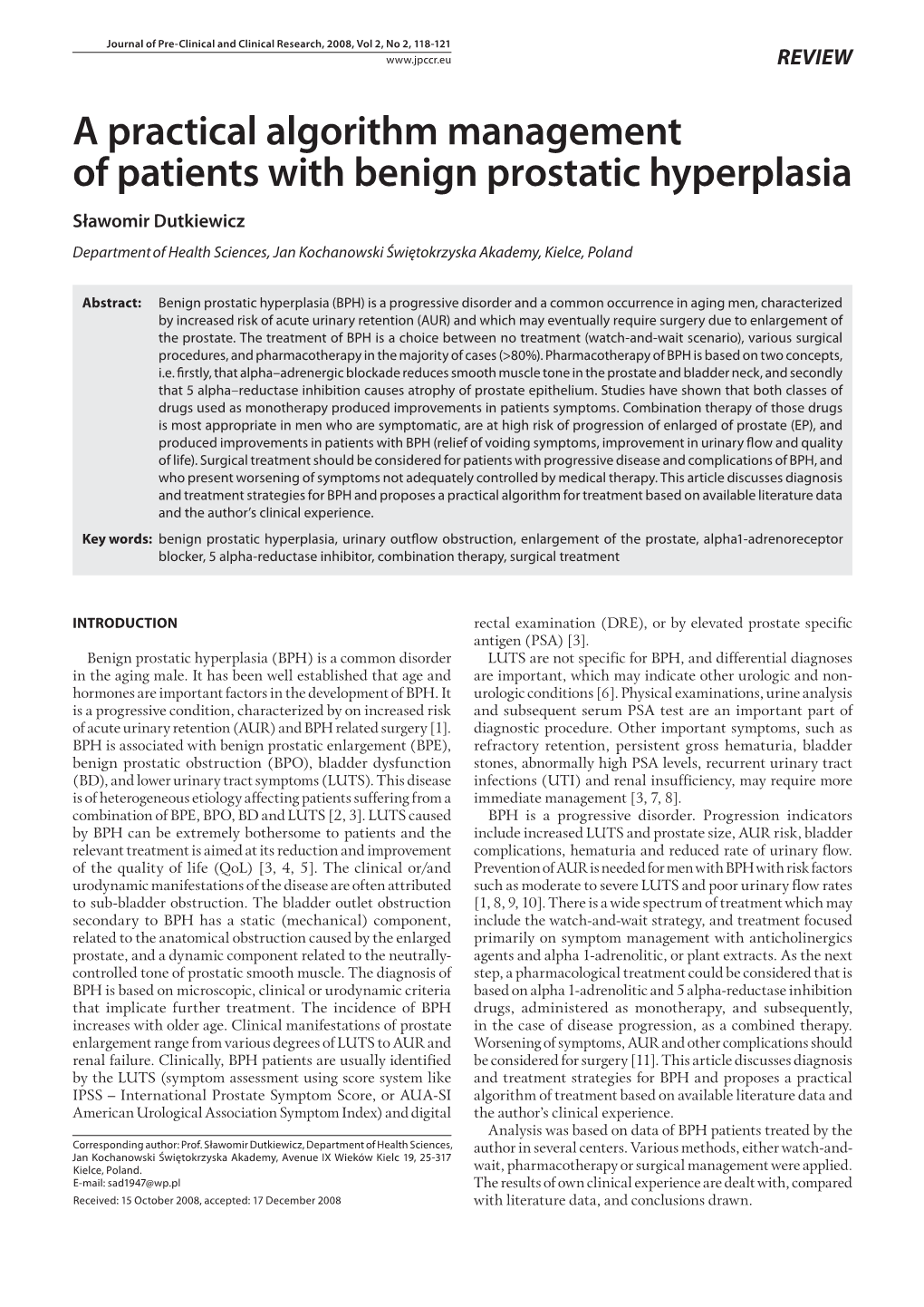 A Practical Algorithm Management of Patients with Benign Prostatic