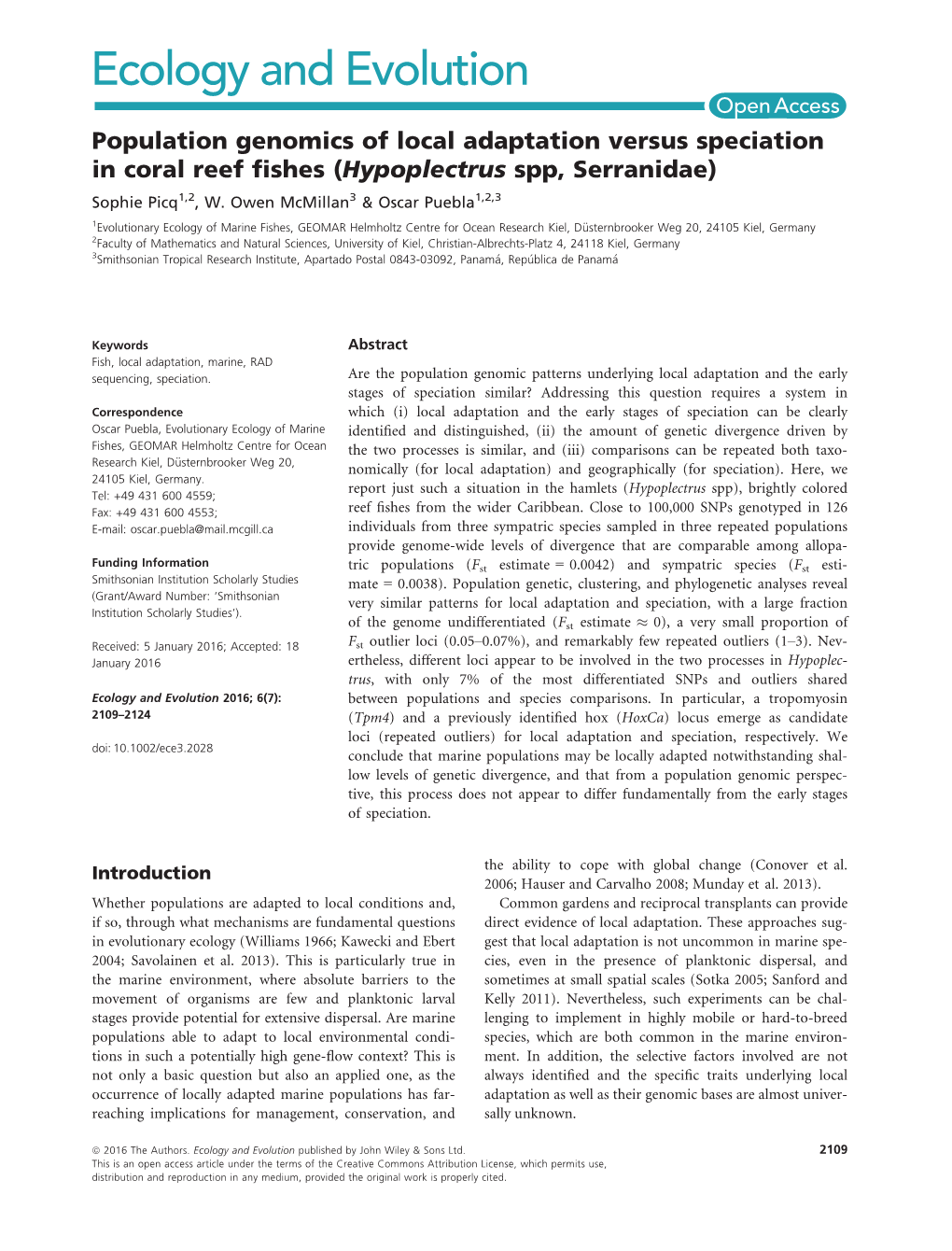 Population Genomics of Local Adaptation Versus Speciation in Coral Reef ﬁshes (Hypoplectrus Spp, Serranidae) Sophie Picq1,2, W