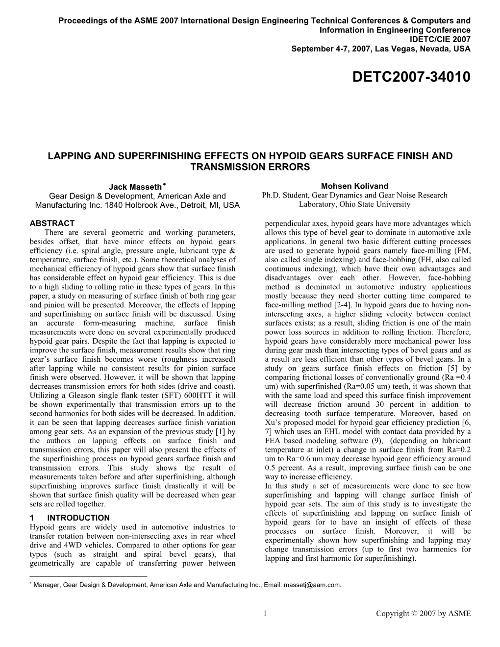 Lapping and Superfinishing Effects on Hypoid Gears Surface Finish and Transmission Errors