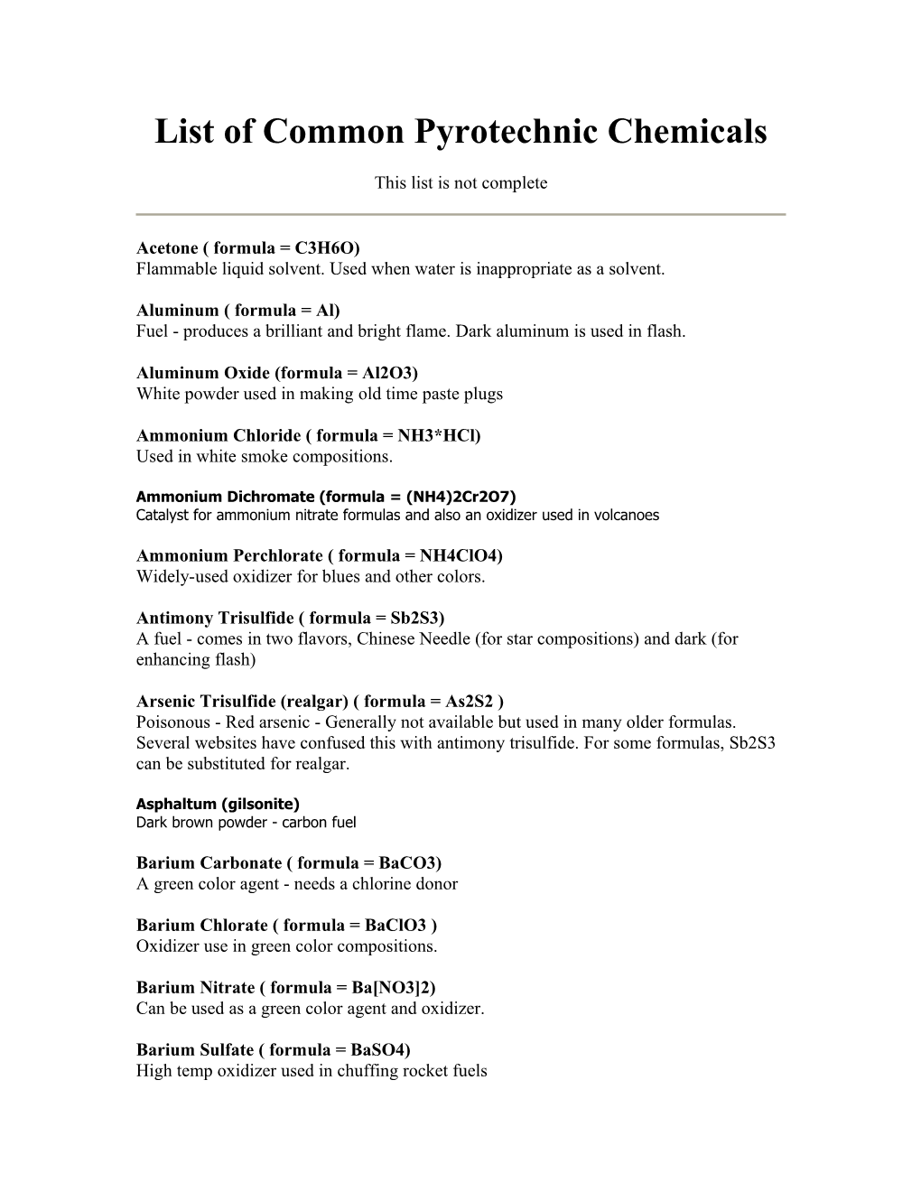 List of Common Pyrotechnic Chemicals