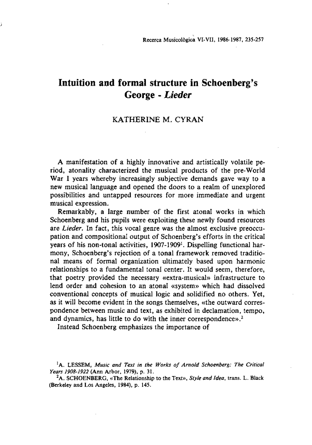 Intuition and Formal Structure in Schoenberg's George - Lieder