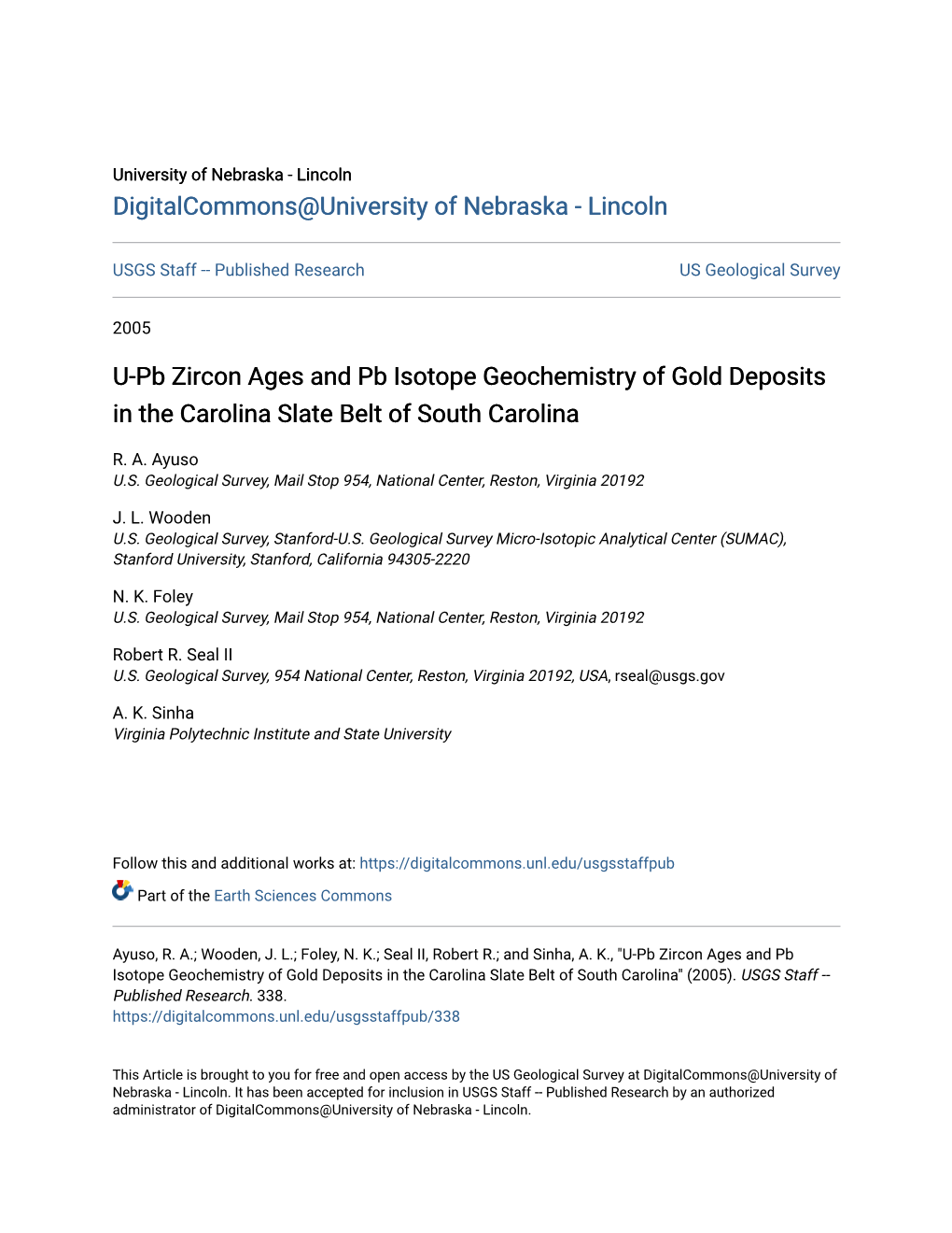 U-Pb Zircon Ages and Pb Isotope Geochemistry of Gold Deposits in the Carolina Slate Belt of South Carolina