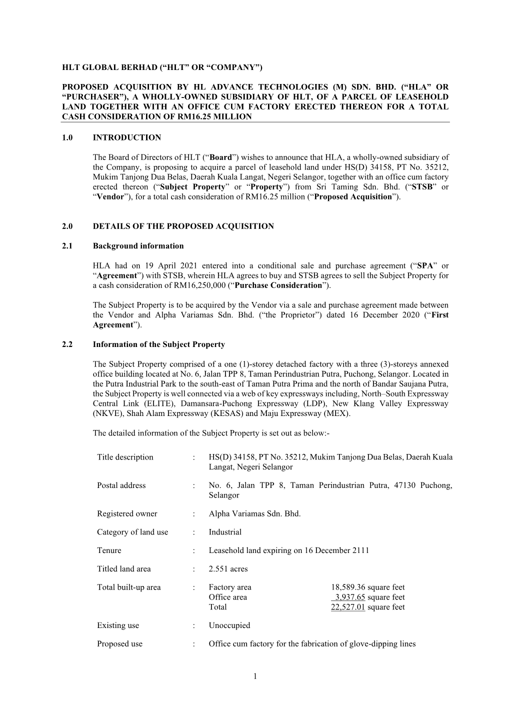 Hlt Global Berhad (“Hlt” Or “Company”)