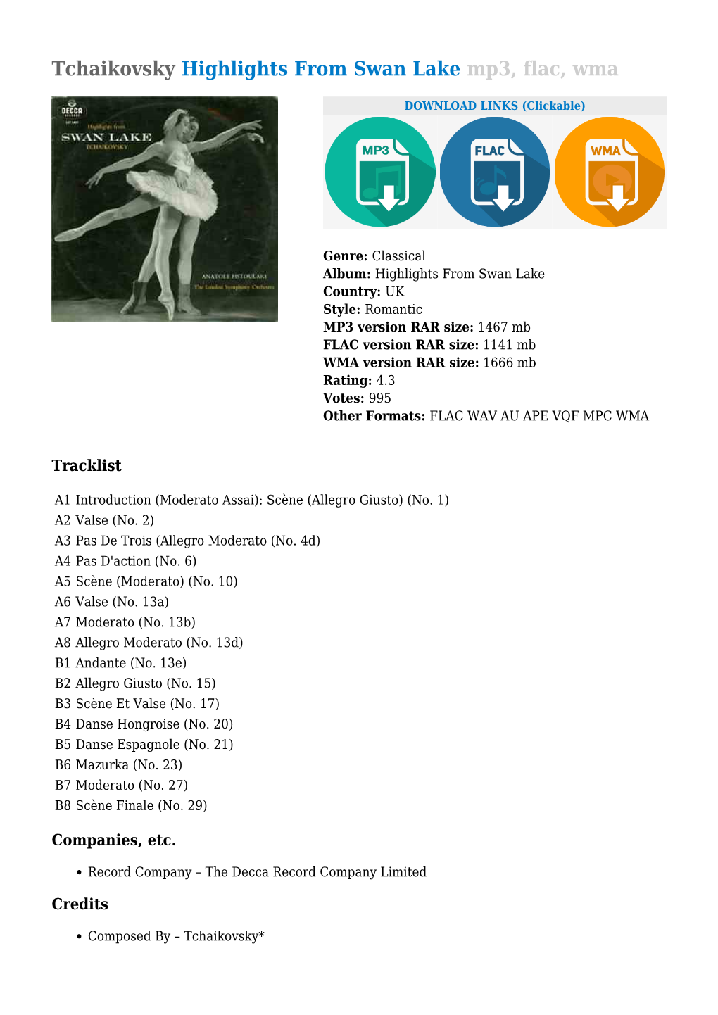 Tchaikovsky Highlights from Swan Lake Mp3, Flac, Wma