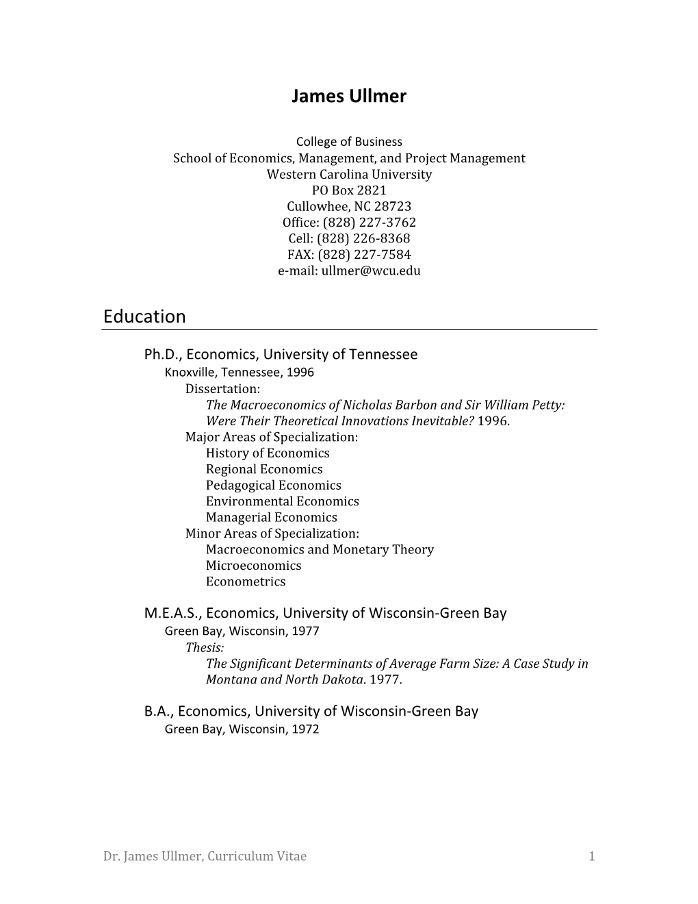 View James Ullmer's Curriculum Vitae Document