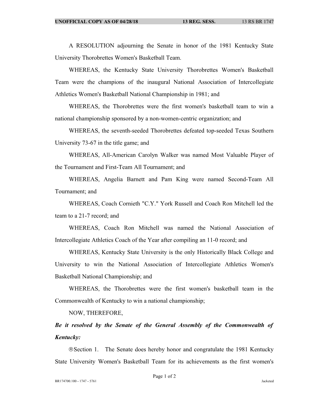 A RESOLUTION Adjourning the Senate in Honor of the 1981 Kentucky State University Thorobrettes