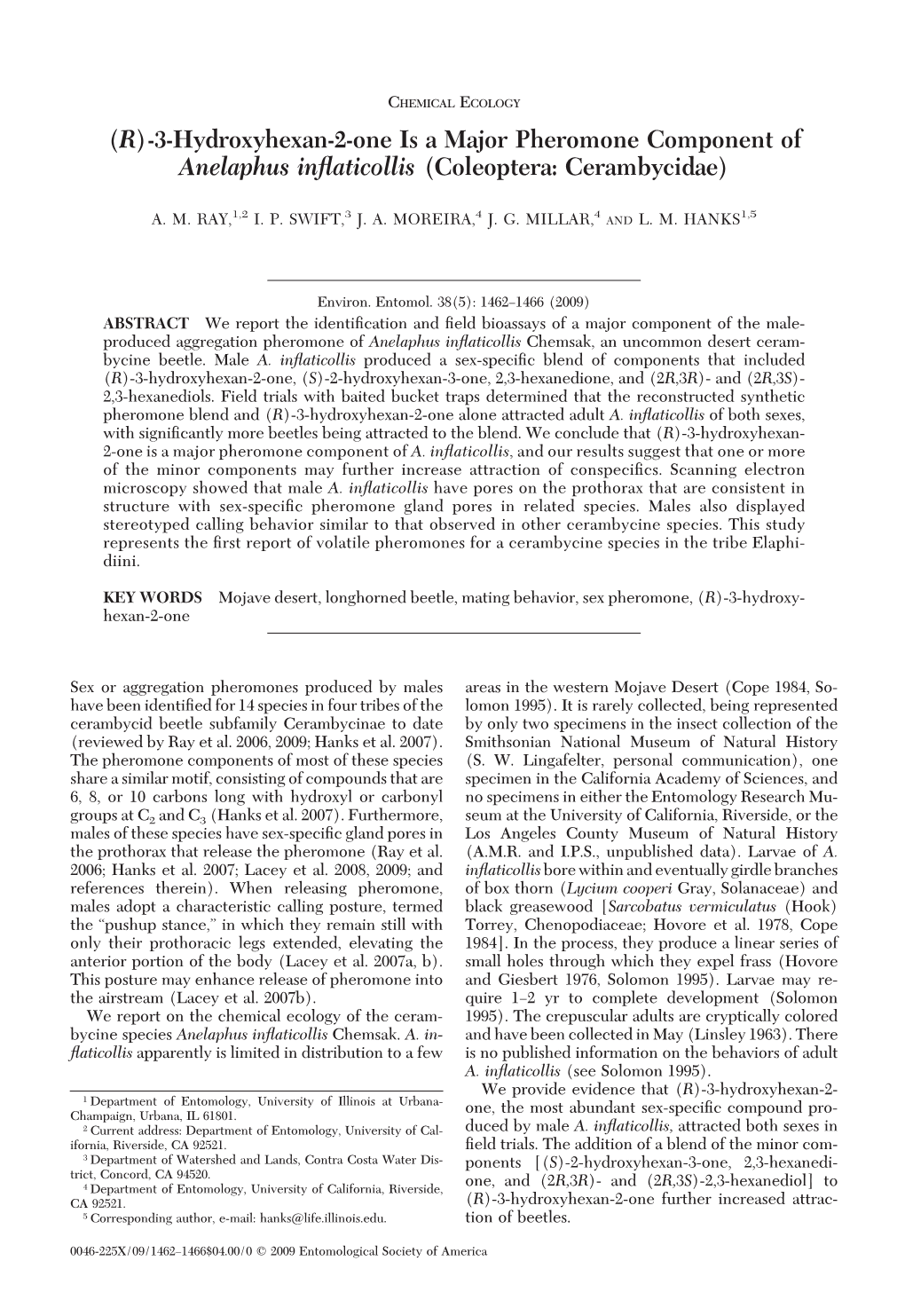 R)-3-Hydroxyhexan-2-One Is a Major Pheromone Component of Anelaphus Inﬂaticollis (Coleoptera: Cerambycidae