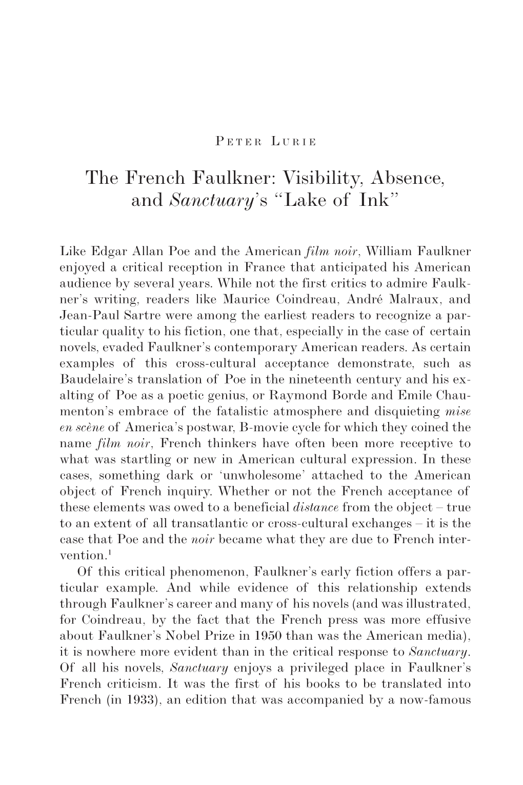 The French Faulkner: Visibility, Absence, and Sanctuary’S “Lake of Ink”