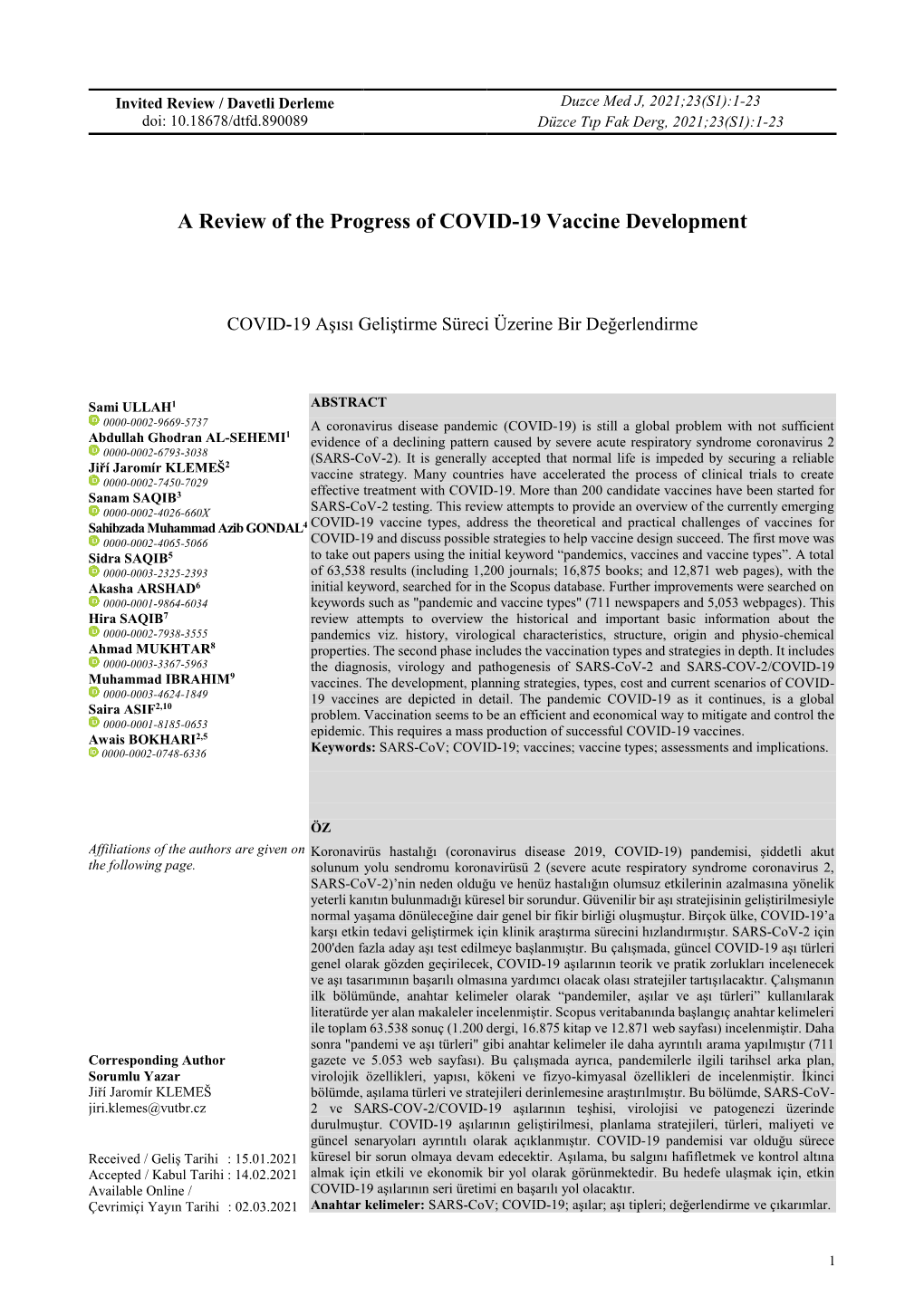 A Review of the Progress of COVID-19 Vaccine Development