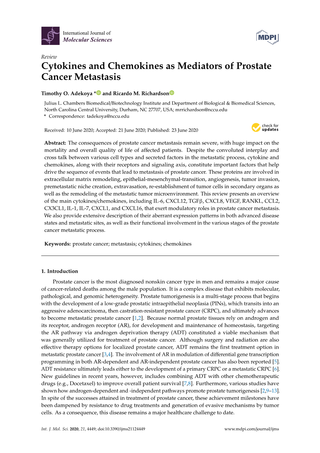 Cytokines and Chemokines As Mediators of Prostate Cancer Metastasis